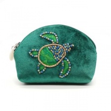 Emerald Green Velvet Embellished Turtle D Shape Coin Purse by Peace of Mind